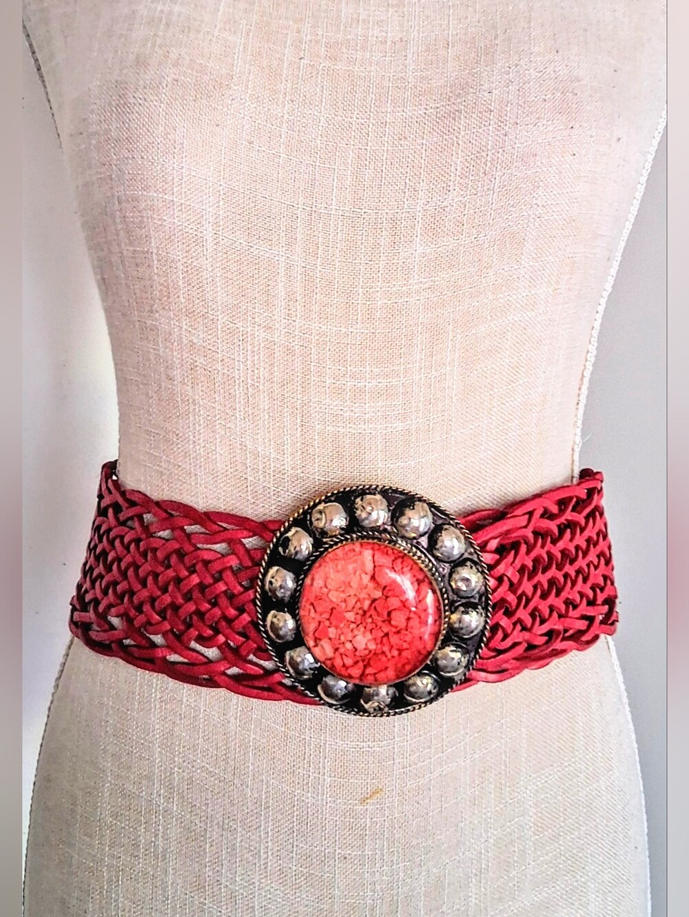 Handmade Moroccan Braided Leather Belt - Brass Medallion Buckle w/ Stones